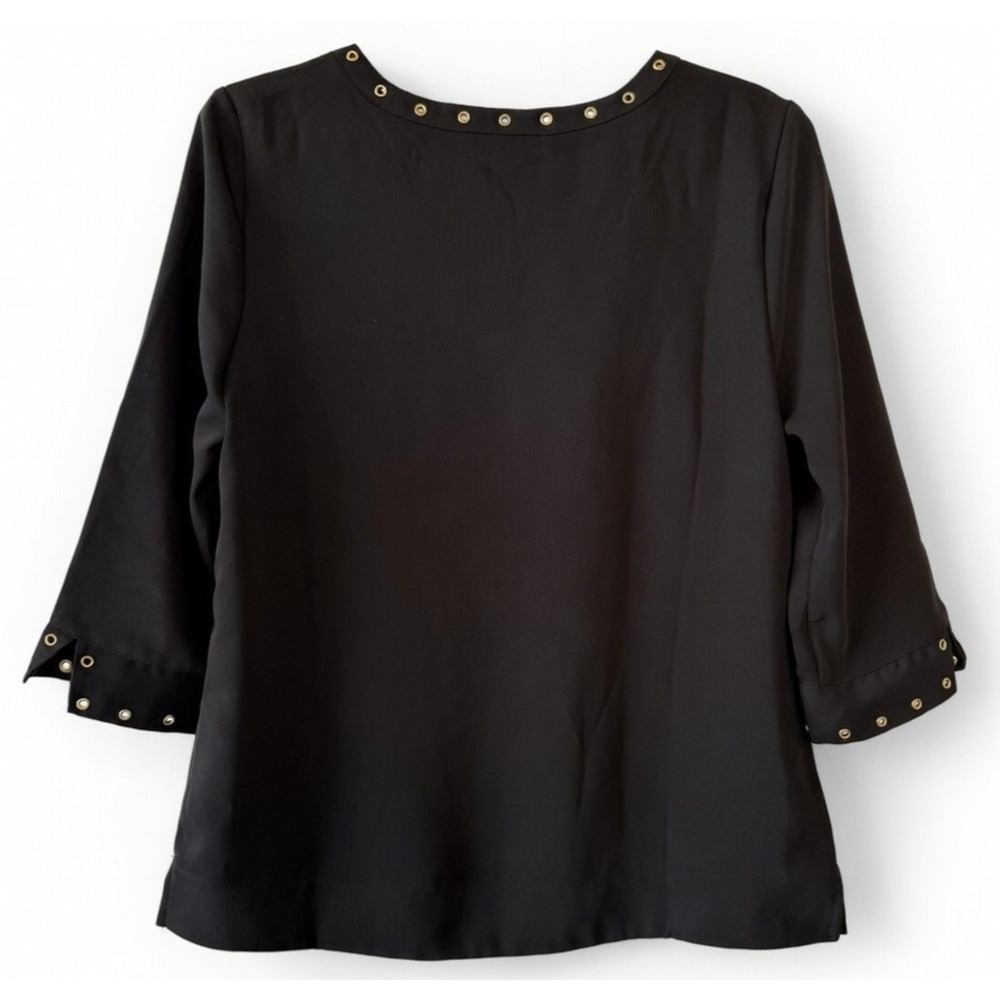Chico’s Women’s Size 0 Small Black V-Neck Blouse Gold Grommet Trim 3/4 Sleeve - Picture 2 of 8